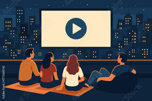 Group watching outdoor movie on rooftop at night