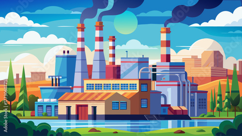 Very beautiful Springfield, Illinois industrial factory scene showing smoke rising from a power plant smokestack against a clear blue sky, symbolizing energy production and urban industry.