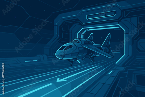 Futuristic spaceship in a sci-fi hangar bay