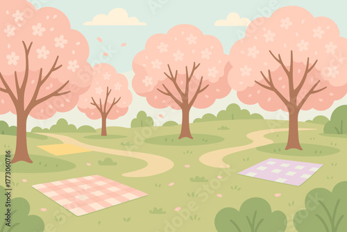 Spring picnic scene with cherry blossom trees in bloom