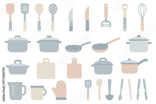 Set of kitchen utensil and cookware icons on metallic background