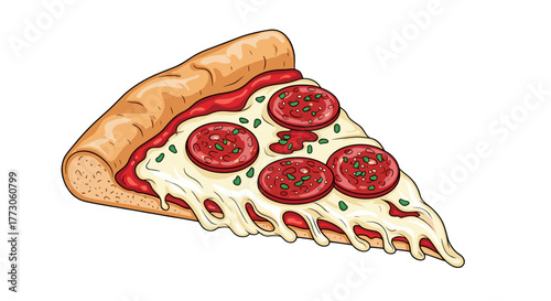 A tantalizing slice of pepperoni pizza artfully displayed, featuring melted cheese and vibrant green herbs for a delightful look.