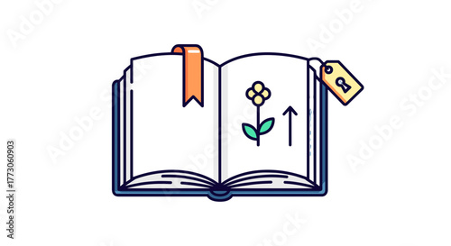 An open book with a flower drawing on one page, bookmark, and a key tag. Illustration on a transparente background.  