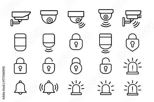 Set of security camera, alarm, and lock icons in dark style