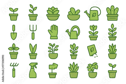 Set of green gardening and potted plant icons