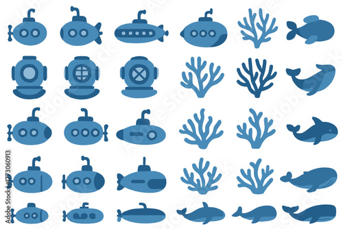 Colorful underwater adventure with submarines, sea creatures, and coral illustrations in various shades of blue