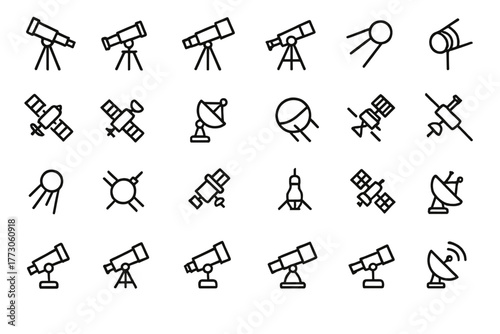 Space exploration icon set with telescopes, satellites, and rockets