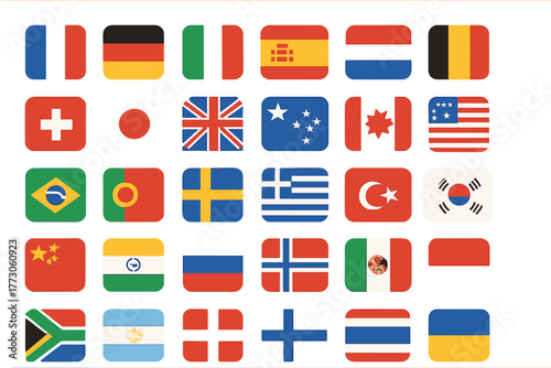 Flags of various countries displayed in a grid format, showcasing their unique designs and colors, perfect for educational purposes
