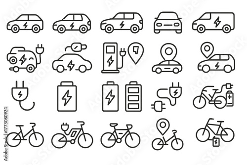 Electric vehicle and e-bike icon set with charging symbols