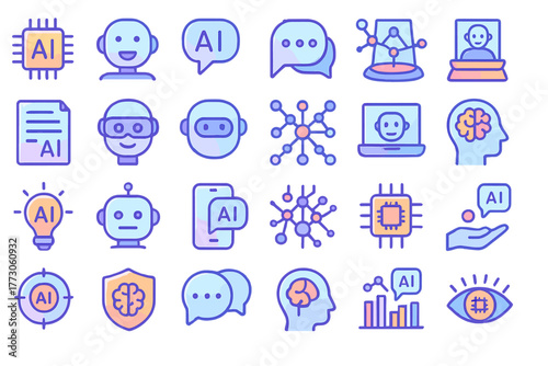 Gradient AI icons set featuring neural networks, robots, and chat interfaces