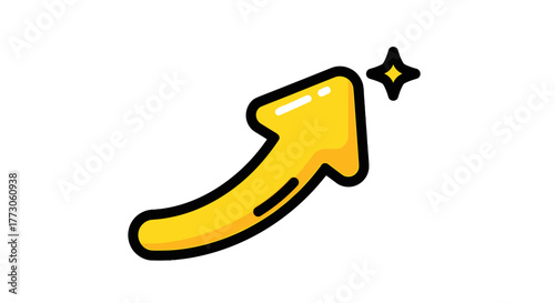 A stylized, curved yellow arrow points upwards against a stark transparente background, accented by a bright, glimmering star.