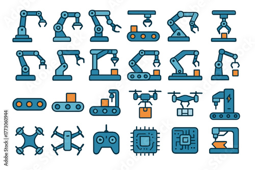 Industrial automation and robotics icon set with conveyor systems