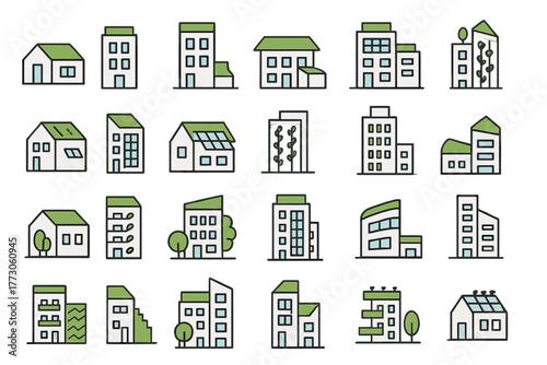 Set of eco-friendly building icons with green roofs and trees