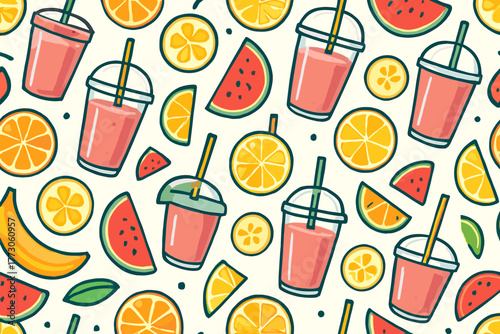 Seamless fruit smoothie pattern with citrus and watermelon