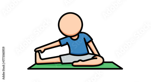 A person is stretching on a yoga mat, wearing a blue shirt and gray shorts in a cartoon style illustration.