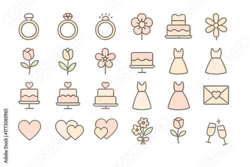 Set of pastel wedding and love celebration icons