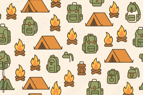 Seamless camping pattern with tents, backpacks, and campfires