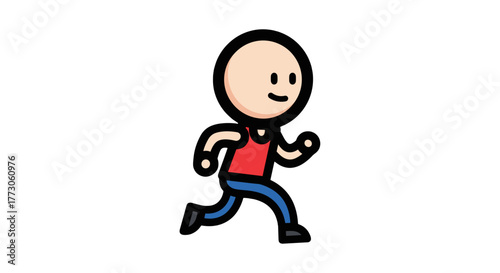 A cute running stick figure with a red top and blue pants strides forward on a plain transparente background, action in focus.