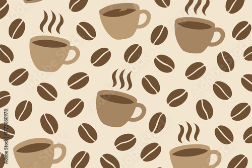Seamless coffee pattern with steaming cups and coffee beans