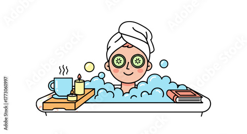 A cartoon woman enjoying a relaxing bath, complete with a towel, cucumbers, bubbles, tea, candles, and a book.