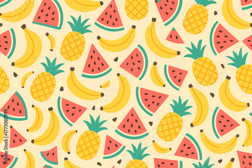 Bright tropical fruit pattern with bananas, pineapples, and watermelon