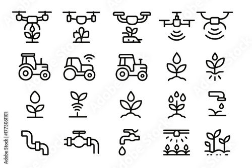 Smart farming icon set with drones, irrigation, and tractors