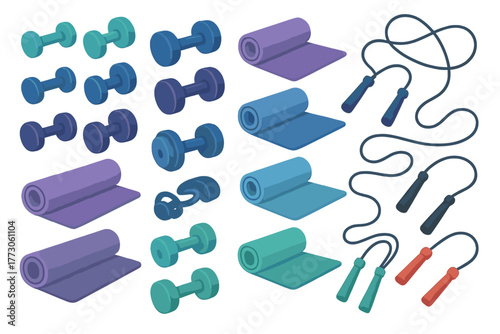 Gradient fitness gear icon set with dumbbells, mats, and ropes