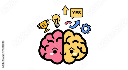 Two-toned brain symbolizing different thinking approaches, with innovation, growth, achievement and solutions.