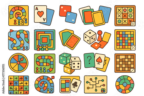 Set of colorful board game and card game icons on warm background