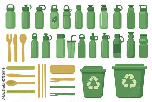 Eco-friendly icon set with reusable bottles, cutlery, and bins