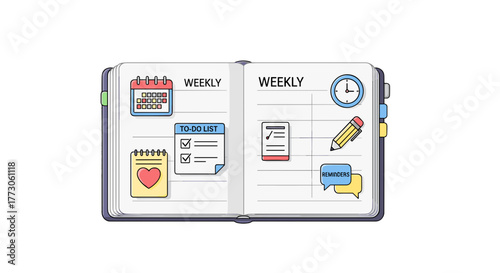 Open weekly planner with scheduling and to-do list icons, emphasizing organization and productivity for a structured lifestyle.