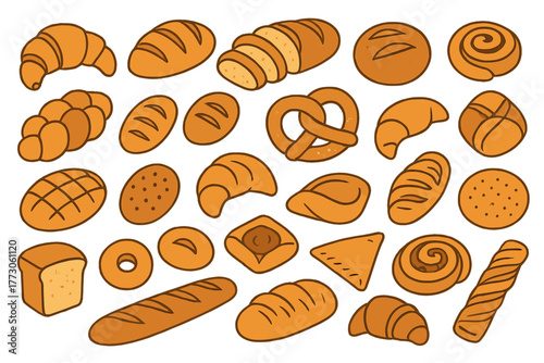 Hand-drawn bakery icon set with breads, rolls, and pastries