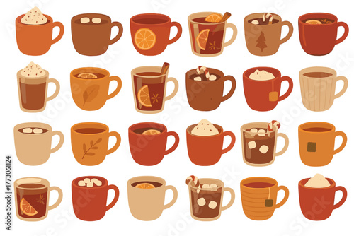 Cozy hot beverage icon set with cocoa, tea, and coffee mugs