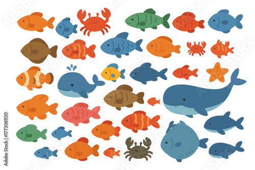 Colorful cartoon sea animal icon set with fish, whales, and crabs