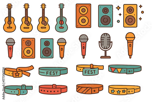 Colorful music icons featuring microphones, guitars, speakers, and festival belts for vibrant event design