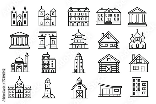 Collection of diverse building designs including churches, houses, and landmarks showcasing various architectural styles