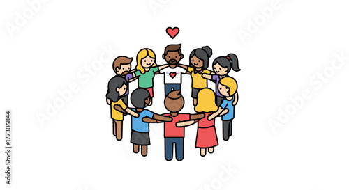 Diverse group of people standing in a circle with arms around each other under a heart, representing unity.