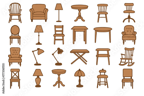 Set of furniture icons featuring chairs, tables, and lamps