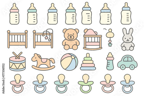 Pastel baby essentials and nursery icon set