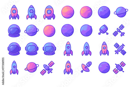 Gradient space and astronomy icon set with rockets and planets