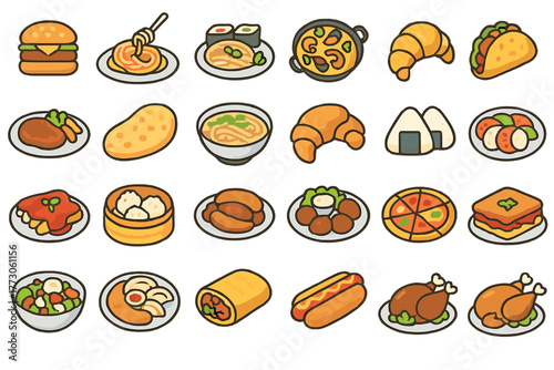 Colorful international food icon set with dishes and snacks