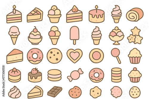 Cute pastel dessert and sweets icon set