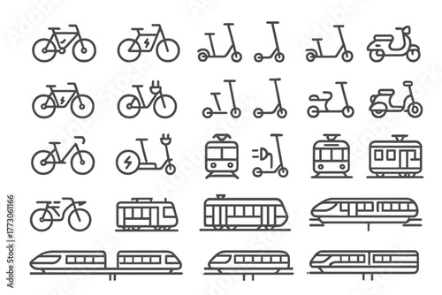 Set of urban mobility icons including bikes, scooters, and trains