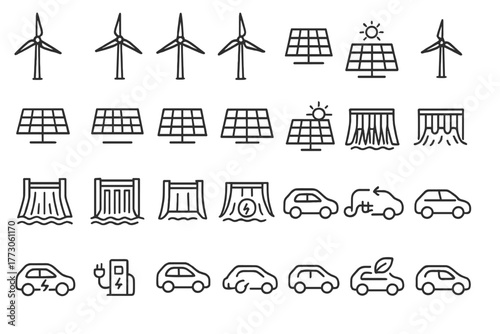 Different types of renewable energy symbols and vehicles representing sustainable power sources and transportation options