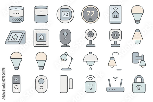 Smart home device icon set with minimalist design