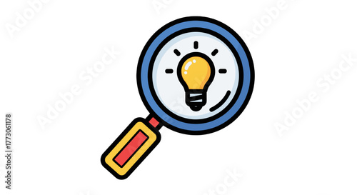 The image shows a blue-rimmed magnifying glass with a red handle, magnifying a light bulb, symbolizing idea search.