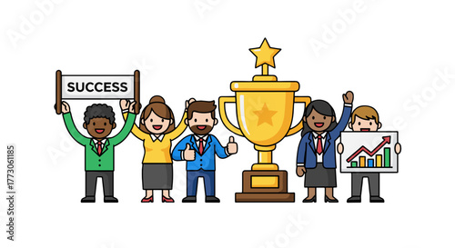 Team celebrates with trophy and rising graph, holding a "Success" banner, symbolizing achieving goals and victories.