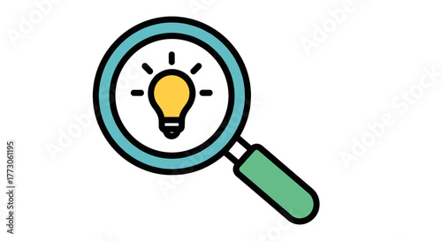 A magnifying glass focuses on a bright yellow lightbulb, symbolizing the discovery and refinement of innovative ideas.