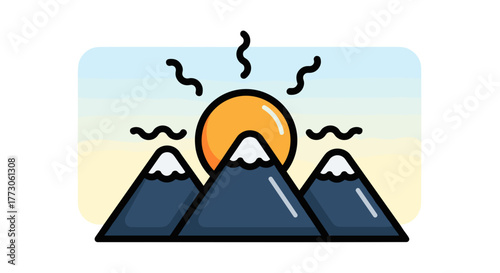 A sunrise over three snow-capped mountains creates a stunning, simplified landscape in a cartoon style illustration.