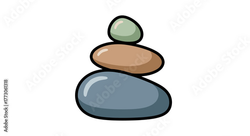 Cartoon zen stack of three stones with a dark outline against a solid transparente background, simple and peaceful design.